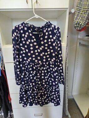 J. Crew Navy Floral Midi Dress with Smocked Neck